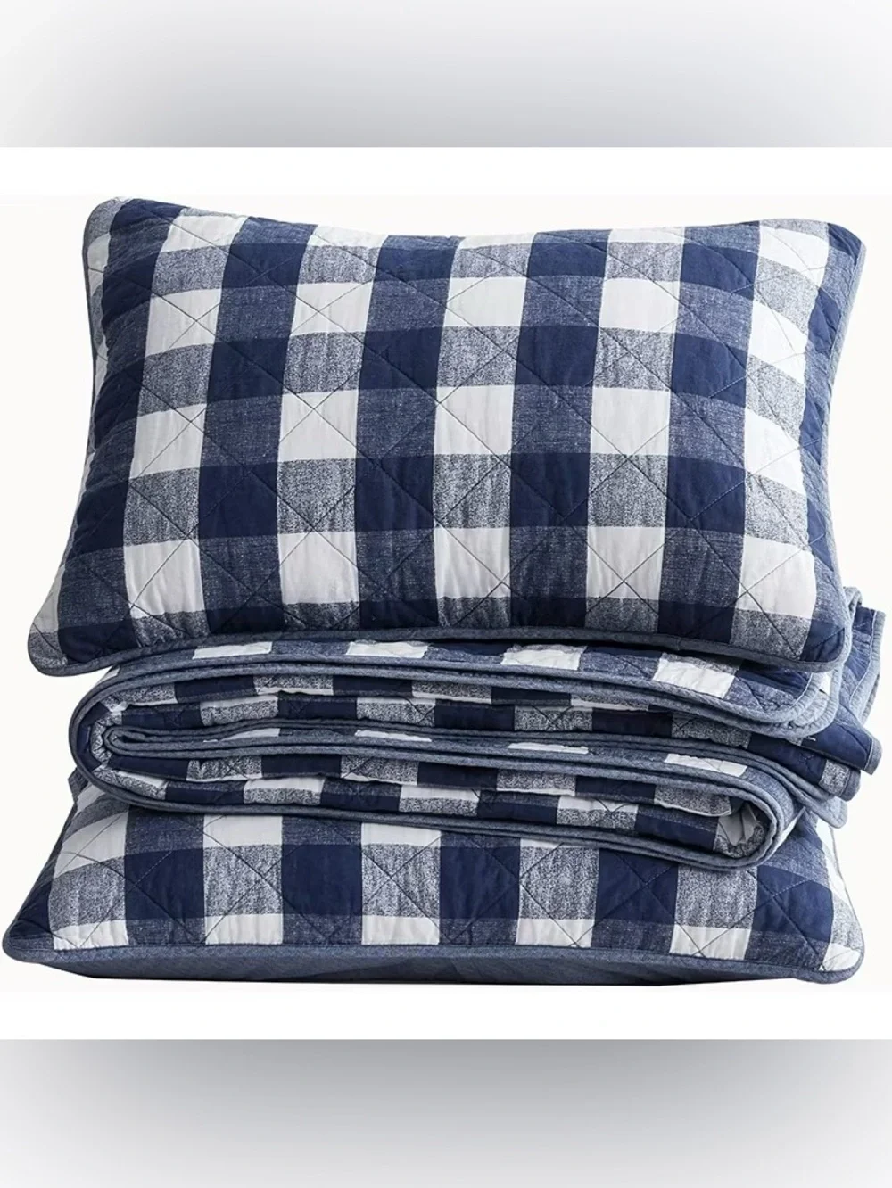 Blue and White Buffalo Check Queen 3 piece Quilt Set